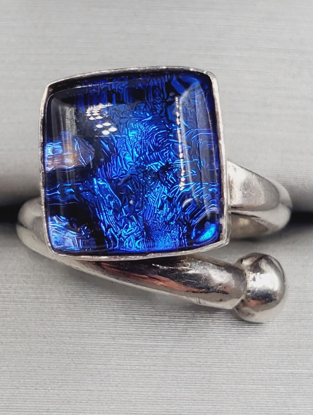 Blue Glass Square Accent Artisan - Modern Vintage Ring - 925 Sterling Silver